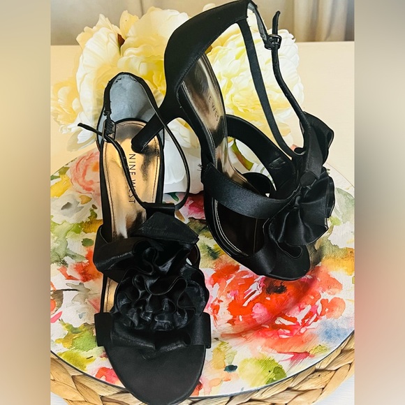Nine West Black Floral Heels Women’s| Size 7.5 Slingback Open Toe Pumps - Picture 4 of 5